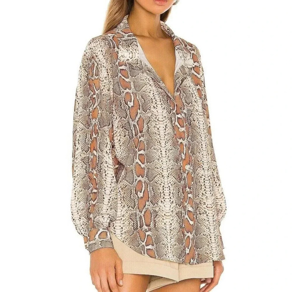 Smythe 100% Polyester Poet Blouse Top Size S/P Brown Desert Snake Button Down - Picture 2 of 9